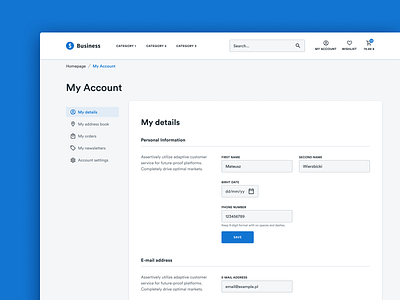 E-commerce - My Account Page 2019 account belgium clean dashboard design system e commerce ecommerce figma form poland webshop