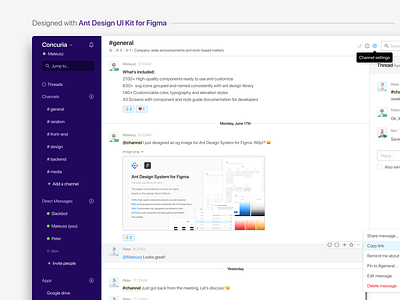 Slack - designed with Ant Design UI Kit for Figma angular ant design chat components dashboard design system figma frontend react slack uikit vue