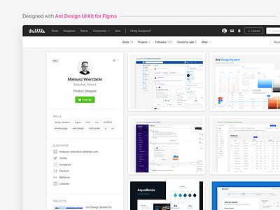 Dribbble - designed with Ant Design UI Kit for Figma