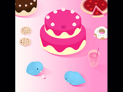 Isometric Dessert Party birds cake cute dessert donut illustration illustrator isometric pie