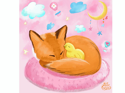 Cute fox and chicken 2d animal art artwork brand character branding cartoon cartoon character character design character development chicken children illustration childrens art colorful commission open dream fairytale fox portfolio