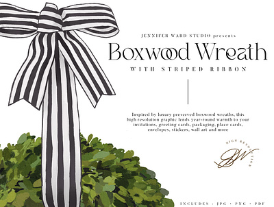 Illustrated Boxwood Wreath with Striped Ribbon bespoke illustration boxwood wreath custom stationery design gouache illustration illustrated wreath illustration