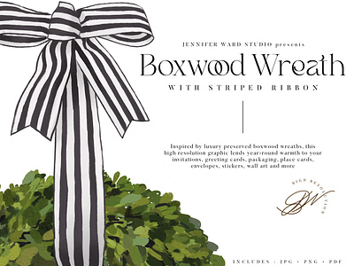 Illustrated Boxwood Wreath with Striped Ribbon