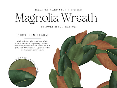Magnolia Wreath Illustration bespoke illustration boxwood wreath custom stationery custom wedding design gouache illustration illustration jennifer ward magnolia illustration magnolia wreath