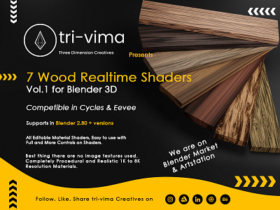 7 Wood Realtime Shaders Vol.01 for Blender 3D 3d 3d animation 3d design 3d rendering animated branding design illustration logo ui