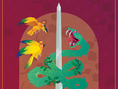 Golden Defense animal battle gold magic nature roses snake sun conure sword vector