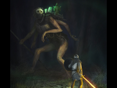 Unexpected Encounter conceptart digitalpainting fantasy forest illustration knight monster