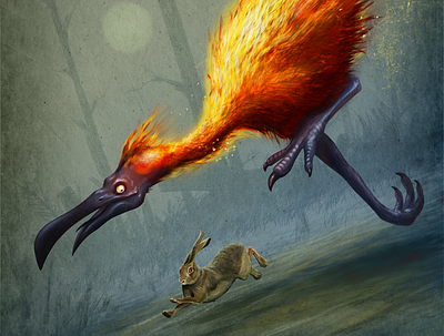 fire ostrich and swamp hare concept art conceptart creature digitalpainting fantasy fire hare illustration ostrich swamp