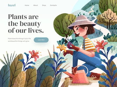 Hazel - Website Header Illustration 2d art art artwork character childrenillustration cute digitalart digitaldrawing draw drawing figma garden gardening header illustration landscape plants procreate view website