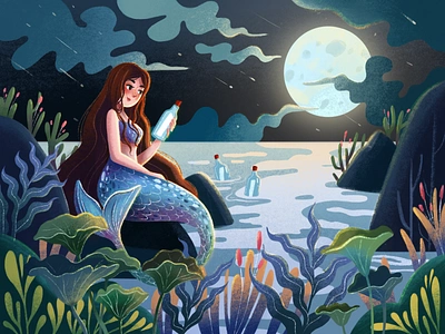 Mermaid and A Message in A Bottle art artist artwork beauty character characterdesign childrenillustration conceptart cute digitalart digitalillustration digitalpainting drawing illu illustration mermaid mermaidillustration procreate sketch