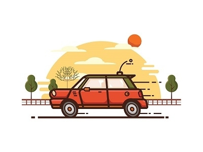 On the road car icon icons illustration landscape minicooper road sun vector