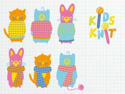Kids Knit Final Characters bear cat hat jumper knit needles pastles rabbit scarf stitch whiskers wool yarn