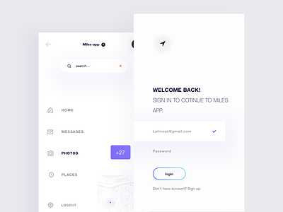 Miles app,Minimal Navigation and Sign in Screens flat gradient navigation search seoul sign up signin white