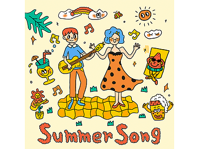 summer song clean color fish illustration people ui vodka wine