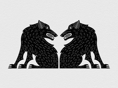 Partners animal art black and white claws fight hair hand drawn illustration logo mirror monochrome pattern symmetry teamwork teeth texture wolf wolf logo