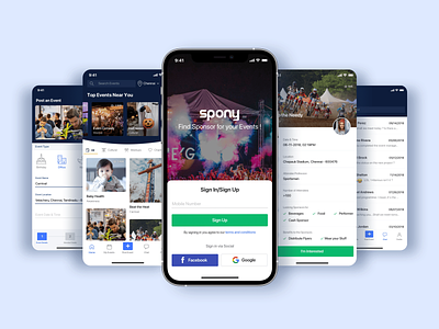 Spony - Find Sponsor for your Events! birthday branding carnival celebration clean design elegant event iphonex market mobileapplicatio mockups navyblue sponsor ui