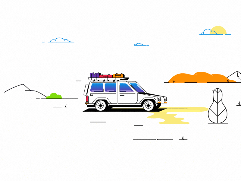 Soprabanking traveling accident animation australia car character crash flat illustration landscape motion design outline