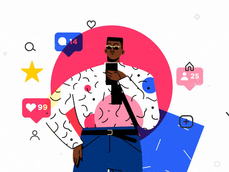 Influence4brands animation 2d black character colorfull flat gif hand illustration instagram minimal motion animation motion design motion graphics people phone pop texture