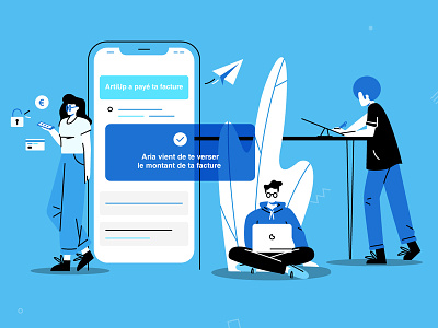 Aria app blue character freelance illustration notification paperplane payment people plant product secure smartphone startup uidesign vector webapp work