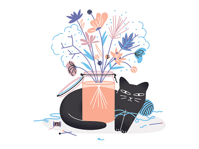 Just a cat art direction black black cat blue bocal cat draw flower illustration plant print sewing vector water