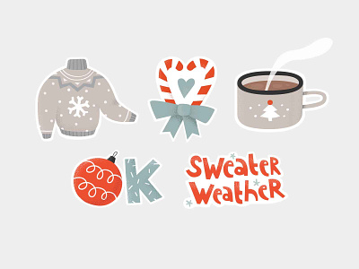 christmas stickers christmas christmas ball cocoa coffee cup design hand lettering heart holidays hygge illustration new year ornament relax snowflake stickers sweater sweets weather winter