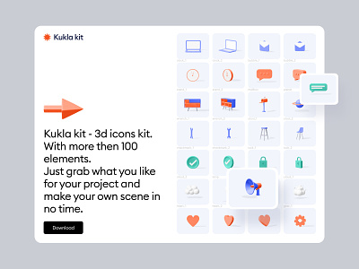 Kukla 3d icon kit 3d 3d icon 3d illustration blender call to action cards color palette features gallery landing message icon settings icon share icon ui ui design ux