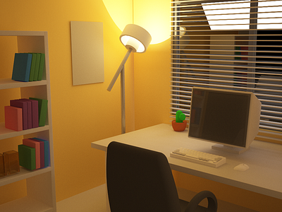 Room (Night - Yellow) bookshelf c4d keyboard lamp mouse night pc poster room table vray