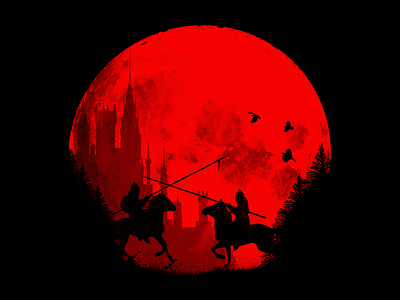 In the name of the king battle. castle birds forest horse king knight moon. nature red warrior