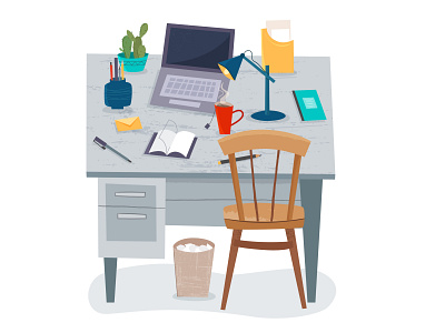 Work table chair computer flat illustration interior room table vector work workspace