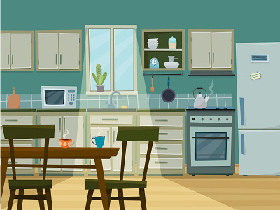 Kitchen flat fridge home house illustration interior kitchen room table tea vector