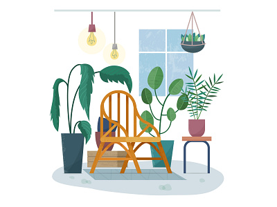 Home garden chair flat garden home house illustration interior plant vector