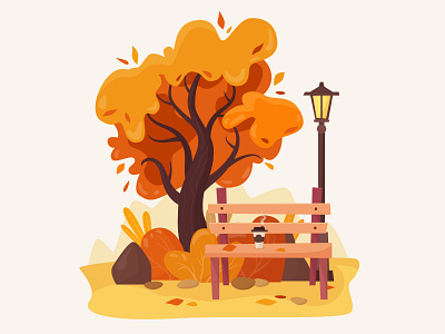 Autumn park autumn branch flat illustration orange park tree vector