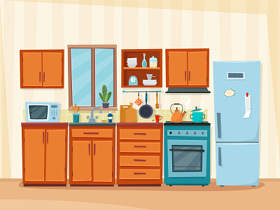 Kitchen flat home house illustration interior kitchen vector