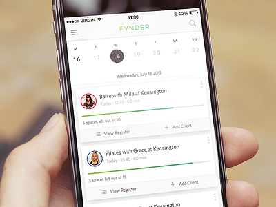 Fynder - Front Desk calendar cards class fitness fynder iphone6 progress bar register ui
