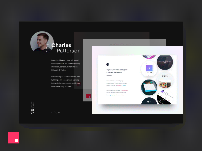Charles Patterson May 1st Reboot — Made with Studio animation cards dark fan invision may 1st reboot portfolio studio ui ux