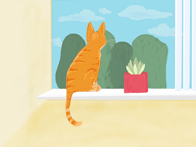 Cat in Window cat illustration kitten orange cat procreate procreate art succulent tabby cat window