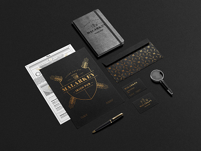 Malarkey Irish Pub bar beer branding drinks gold irish night noir pattern pub stationery whisky