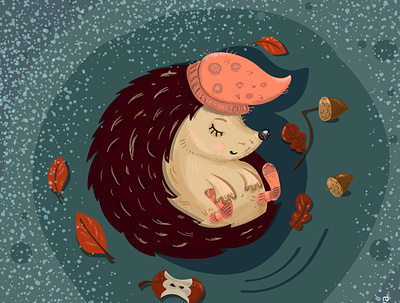 Милый ежик в шапочке спит в норке illustration