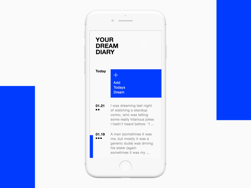 Add new entry add app blue button concept diary dream entry minimal mockup