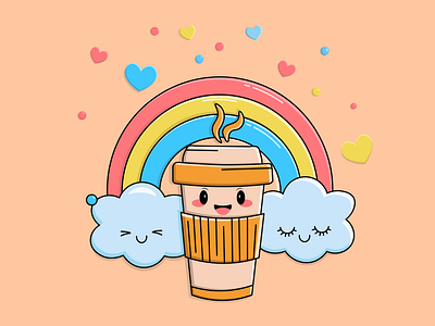 A beautiful simple flat design of cup of coffe with rainbows an