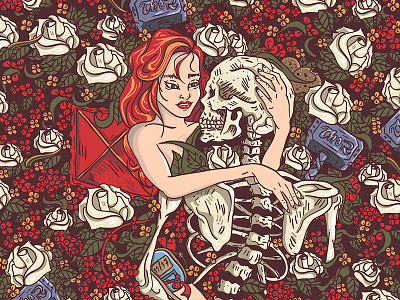 Love until death. beautiful day drawing garden illustration love red rose roses skull valentines white