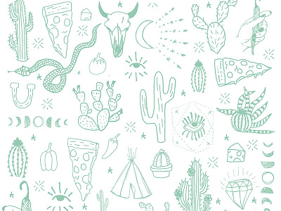 Badlands Pizza Company cacti cactus design illustration one color pizza skull snakes