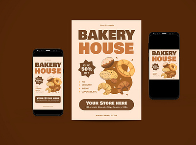 Bakery House Flyer Set ai bakery bakery house cookie design flyer flyer poster food graphic design house illustration pastry psd social media post social media story