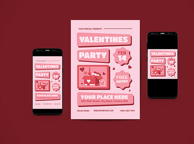 Valentines Party Flyer Set ai box celebration chocolate flyer flyer poster gift graphic design hearth illustration love lovely loves party pink psd romance valentine vector