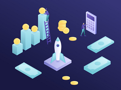 Startup financing business calculator coins finance financing founding illustration isometric isometric illustration money rocket start up start up startup vc