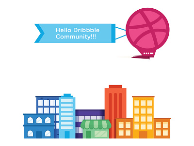 Hello Dribbble Community!!! blimp buildings colorful community debut design illustration thank you