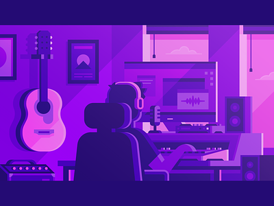 Audius - Home Studio acoustic amp guitar home microphone mixing neon office purple recording speakers studio synthwave