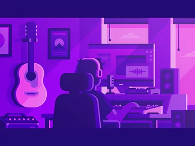 Audius - Home Studio acoustic amp guitar home microphone mixing neon office purple recording speakers studio synthwave