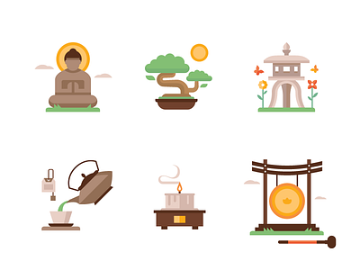 Zen Garden Icons bonsai buddha candle gong icon illustration japan lantern meditate spot tea zen
