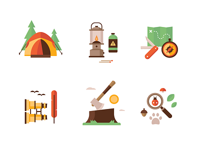 Camping Icons axe camping compass explore icon illustration knife lantern map spot tent tree